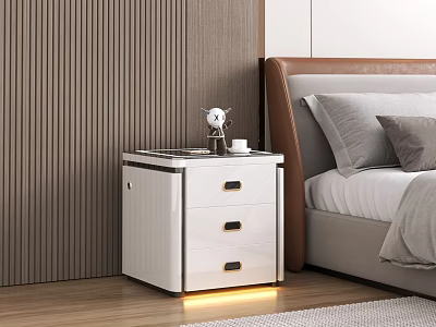 Modern White Bedside Table With Three Drawers Gold Handles Alarm Clock And Cup In Bedroom 3d model