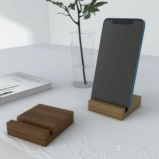 Mobile Phone On Wooden Stand With Tabletop Book And Decorative Glass 3d model 