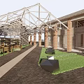 Commercial Complex Featuring Red Brick Buildings Large Windows and Outdoor Seating Area