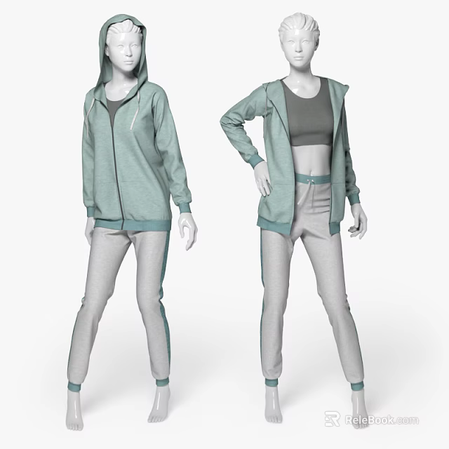 Two Models Wearing Light Green Zip Up Hoodies And Gray Track Pants With Stripes 3d model 
