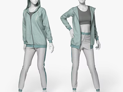 Two Models Wearing Light Green Zip Up Hoodies And Gray Track Pants With Stripes 3d model