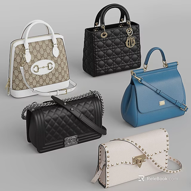 Stylish Handbags With Quilted Patterns Chain Straps Rivet Details And Various Colors 3d model 
