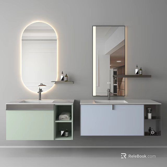 Light Green And White Bathroom Vanity Cabinet With Oval Rectangular Mirror LED Lighting Storage Shelf 3d model