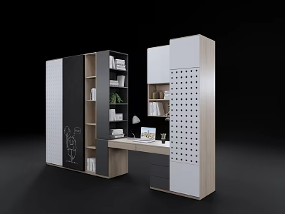 Modern Bookcase Design With Open Shelves Study Desk And Perforated Panels 3d model