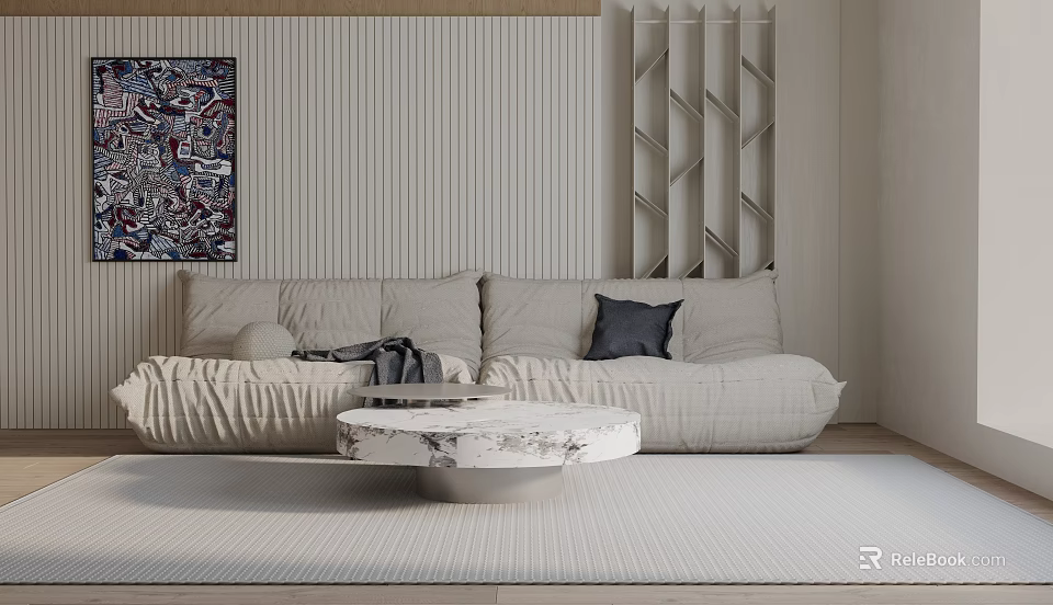 Light Beige Sofa With Dark Cushion And Round Marble Coffee Table Set In Modern Style 3d model 