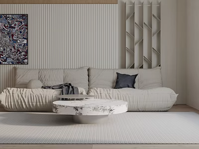 Light Beige Sofa With Dark Cushion And Round Marble Coffee Table Set In Modern Style 3d model