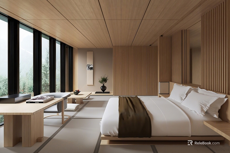 Modern Hotel Room Interior With Wooden Ceiling And Furniture Large Windows Offering Scenic Mountain View 3d model 