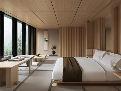 Modern Hotel Room Interior With Wooden Ceiling And Furniture Large Windows Offering Scenic Mountain View 3d model