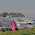 Orange Porsche SUV Parked On Green Grass Field With Modern Exterior Design And City Background