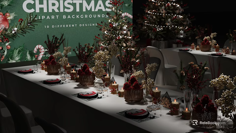 Christmas Dining Table Set With Decorative Baskets Candles And Festive Tree 3d model 