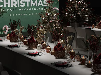 Christmas Dining Table Set With Decorative Baskets Candles And Festive Tree 3d model