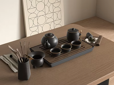Elegant Black Tea Set with Teapot Cups and Tray on Wooden Table with Geometric Art 3d model