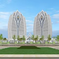 Tall Office Buildings with Unique White Design Palm Trees and Water Pool Under Blue Sky