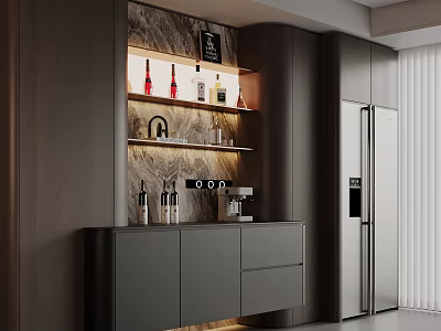 Modern Minimalist Home Wine Cabinet With Illuminated Display Shelves Marble Backdrop And Built In Refrigerator 3d model