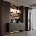Modern Minimalist Home Wine Cabinet With Illuminated Display Shelves Marble Backdrop And Built In Refrigerator