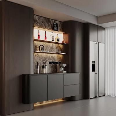 Modern Minimalist Home Wine Cabinet With Illuminated Display Shelves Marble Backdrop And Built In Refrigerator 3d model