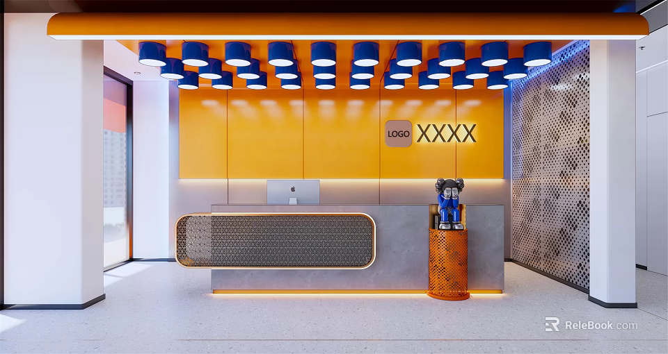 Modern Reception Area Interior Design With Orange Wall Blue Pendant Lights And Logo 3d model 