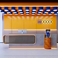 Modern Reception Area Interior Design With Orange Wall Blue Pendant Lights And Logo