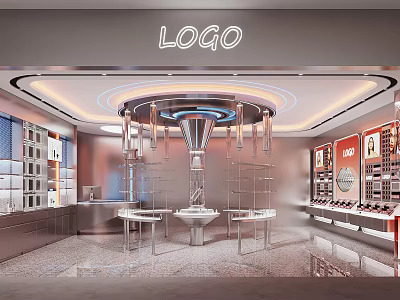 Modern Specialty Store Interior Featuring Circular Chandelier White Counter And Display Shelves 3d model