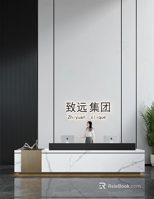 Modern Office Reception Desk With Staff Computer Green Plant White Wall And Black Striped Panel 3d model 