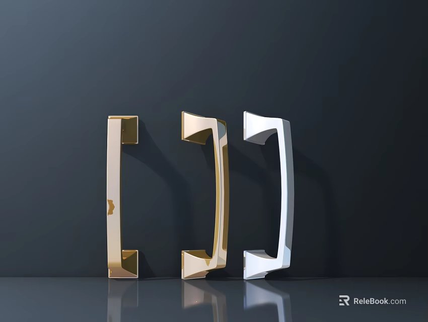 Modern Gold And White Cabinet Handles With Geometric Design On Dark Background Showing Reflection 3d model 