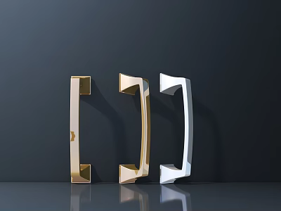 Modern Gold And White Cabinet Handles With Geometric Design On Dark Background Showing Reflection 3d model
