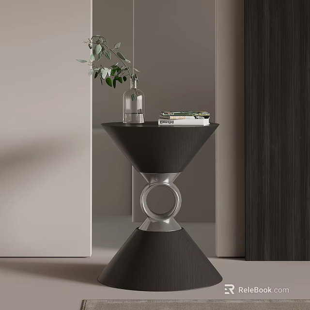 Modern Black Side Table with Circular Silver Base and Decorative Vase Green Plant Books 3d model 