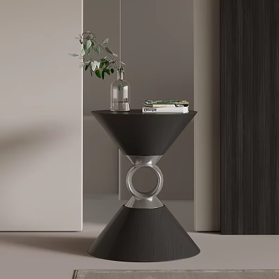 Modern Black Side Table with Circular Silver Base and Decorative Vase Green Plant Books 3d model