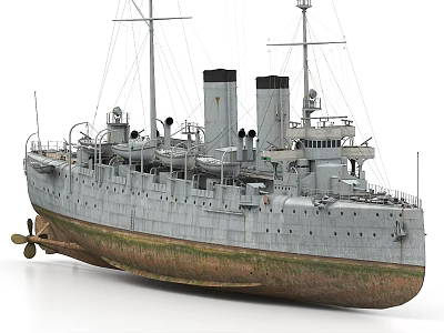 Vintage Warship Featuring Two Funnels Rusty Hull Propeller And Gray Exterior 3d model