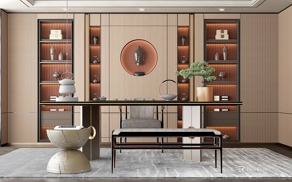 Elegant Wooden Tea Room With Circular Decor Shelves Tea Sets And Potted Plant 3d model 