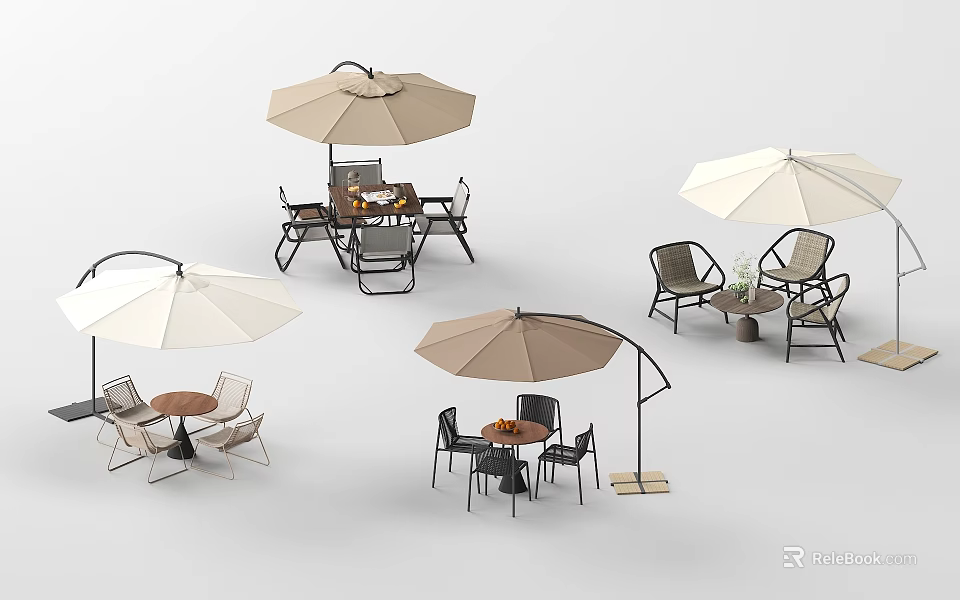 Multiple Outdoor Table Sets Featuring Umbrella And Matching Chairs For Patio Use 3d model