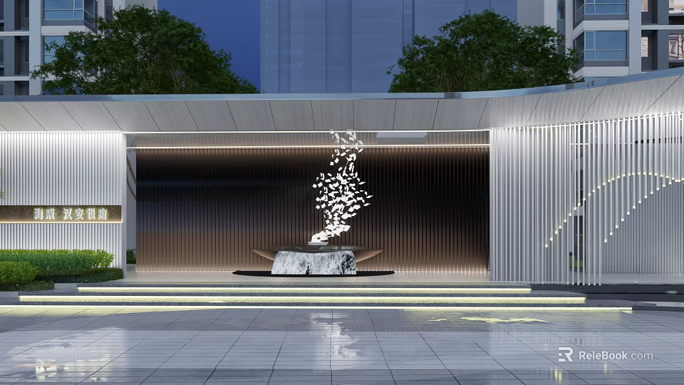 Modern Entrance Gate With Metal Decorations Water Feature Steps Green Plants And Lighting Effects 3d model 