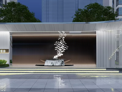 Modern Entrance Gate With Metal Decorations Water Feature Steps Green Plants And Lighting Effects 3d model