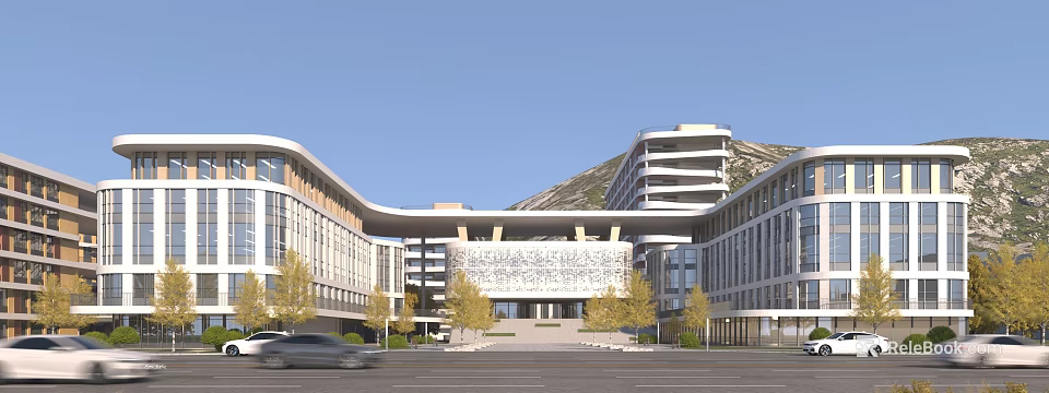 Modern School Building Featuring Teaching Wing Inscribed Wall Trees and Mountain Backdrop Under Blue Sky 3d model
