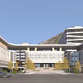 Modern School Building Featuring Teaching Wing Inscribed Wall Trees and Mountain Backdrop Under Blue Sky 3d model
