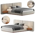 Modern Double Bed With Upholstered Headboard Gray Striped Bedding And Wooden Nightstands
