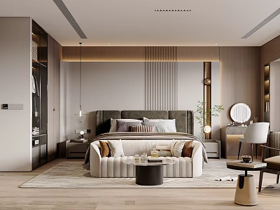 Modern Bedroom Interior Design With Upholstered Bed Seating Sofa Area Rug Nightstands And Decorative Mirror 3d model