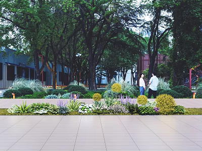 Beautiful Colorful Flowers And Green Plants In Urban Park With Trees And People Walking 3d model