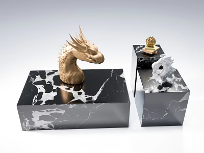 Black Marble Square Coffee Table With Golden Dragon Head Sphere And White Sculpture 3d model