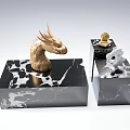 Black Marble Square Coffee Table With Golden Dragon Head Sphere And White Sculpture