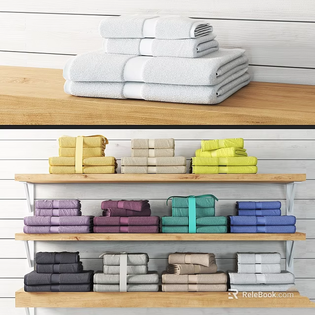 Neatly Folded Towels for Laundry Daily Use Displayed on Wooden Shelves with Multiple Colors 3d model 
