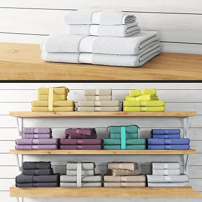 Neatly Folded Towels for Laundry Daily Use Displayed on Wooden Shelves with Multiple Colors 3d model