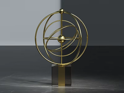 Golden Spherical Metal Ornament Decorative Set With Geometric Structure And Marble Base 3d model