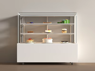 White Base Glass Door Dessert Display Case with Shelves Holding Cakes Cupcakes Pastries and Fruits 3d model