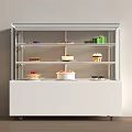 White Base Glass Door Dessert Display Case with Shelves Holding Cakes Cupcakes Pastries and Fruits