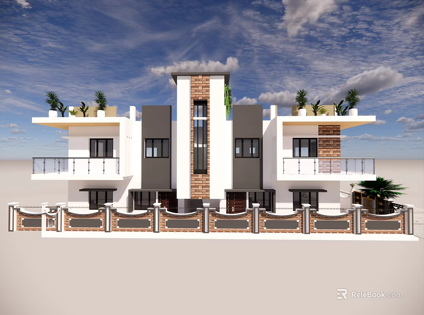 Modern Detached Villa Exterior Design With Balconies Green Plants And Decorative Column 3d model 