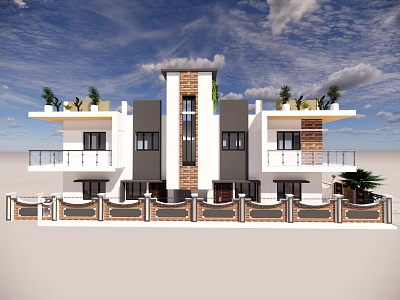 Modern Detached Villa Exterior Design With Balconies Green Plants And Decorative Column 3d model