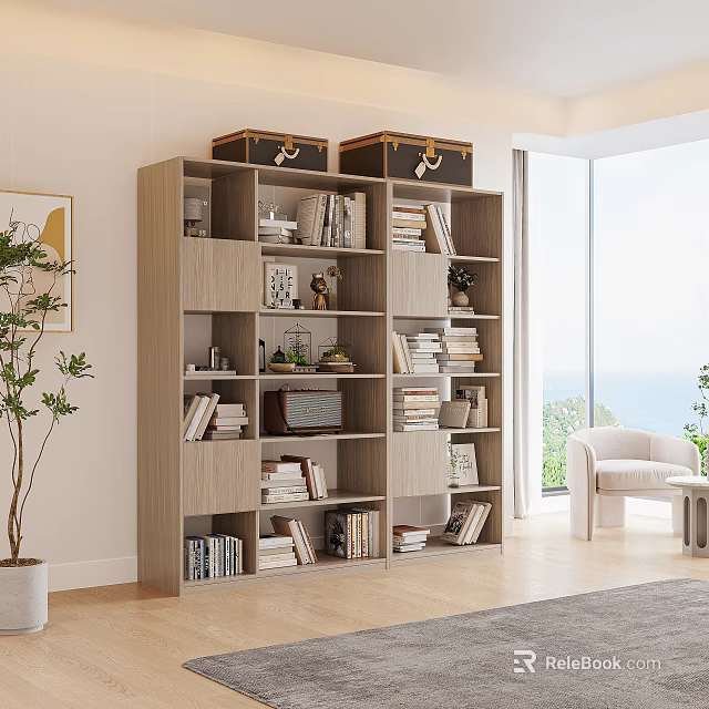 Wooden Bookshelf With Storage Trunks Books Decor Items And Plants In Bright Room 3d model 