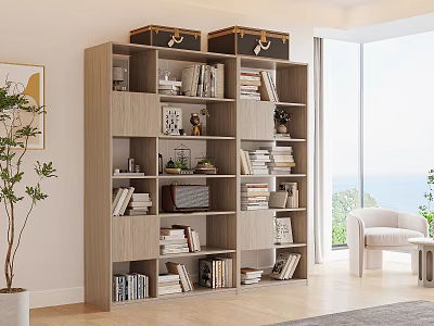 Wooden Bookshelf With Storage Trunks Books Decor Items And Plants In Bright Room 3d model