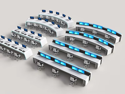 Professional Control Room Workstations With Multiple Blue Screen Monitors And Chairs 3d model